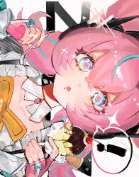  ! 1girl absurdres aria_(zenless_zone_zero) blue_eyes blue_hair bow commentary_request detached_collar dress fingerless_gloves food gloves green_bow highres ice_cream multicolored_hair open_mouth pink_gloves pink_hair pof_h0 saliva solo sparkling_eyes spoon streaked_hair sundae two-tone_hair white_dress zenless_zone_zero 