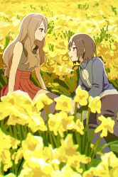  1boy 1girl blue_jacket brown_hair calem_(pokemon) closed_mouth collared_shirt commentary_request day eye_contact field flower flower_field highres jacket kuru_(4rfw7) long_hair looking_at_another outdoors pants pleated_skirt pokemon pokemon_x_and_y red_skirt serena_(pokemon) shirt sidelocks skirt smile thigh-highs yellow_flower 