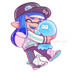  1girl black_pants blue_hair blue_tongue blush boots colored_tongue commentary english_commentary full_body happy hug inkling inkling_girl inkling_player_character jellyfish_(splatoon) long_hair open_mouth pants pointy_ears sharktuna simple_background splatoon_(series) tentacle_hair white_background white_boots 