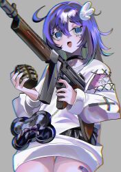  1girl bare_legs black_choker black_nails black_shorts blue_eyes choker explosive grenade grey_background hair_ornament highres holding holding_weapon kanako_(kankoillust6699) long_hair looking_at_viewer open_mouth original purple_hair shirt shorts simple_background solo weapon weapon_request white_shirt 
