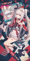  1girl absurdres black_choker black_gloves black_hat blunt_bangs boots braid choker clothing_cutout collar frilled_skirt frills full_body gleam_lin_shi gloves hat hat_ornament high_heel_boots high_heels highres honkai:_star_rail honkai_(series) long_hair long_sleeves looking_at_viewer multicolored_hair open_mouth pink_eyes plaid_clothes plaid_sleeves poker rabbit_hat_ornament red_collar red_hair red_streaks shoulder_cutout single_glove single_sock skirt sleeve_bell socks solo sparkle_(honkai:_star_rail) sparxie_(honkai:_star_rail) streaked_hair twintails white_hair white_skirt white_socks wide_sleeves 