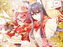  2girls :d ^_^ animal_ear_fluff animal_ears arknights arm_around_shoulder artist_name battery_indicator bespectacled black_eyes black_gloves cable_knit cake cake_slice camera character_name chinese_commentary closed_eyes commentary_request cream digital_camera emoji exusiai_(arknights) fingerless_gloves food food_in_mouth fork glasses gloves grin hair_between_eyes hair_ornament hairclip happy_birthday hat heads_together highres holding holding_camera holding_fork holding_plate light_particles long_sleeves looking_at_another multiple_girls multiple_hair_clips party_hat pink_hair plaid_clothes plaid_scarf plate recording rectangular_eyewear red-framed_eyewear red_hat red_scarf scarf selfie shadow71580825 shared_clothes shared_scarf short_hair smile star_(symbol) sweater taking_picture texas_(arknights) upper_body viewfinder w watermark white_sweater wolf_ears wolf_girl x_hair_ornament yellow_eyes yellow_hat 