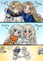  1boy 5girls :d absurdres aqua_eyes arm_around_another's_back blonde_hair blue_coat blush camera candel645 circle_formation closed_mouth coat company_connection crossover diana_(pragmata) doll dress eight_(pragmata) emily_(resident_evil) english_text frilled_dress frills glasses grace_ashcroft grey_eyes grey_hair hair_over_one_eye hand_up helmet highres holding holding_camera holding_doll holding_hands holding_stuffed_toy hugh_williams jacket long_hair long_sleeves looking_at_viewer multiple_girls open_mouth padded_coat pragmata puffy_coat resident_evil resident_evil_requiem short_hair single-lens_reflex_camera smile space_helmet spacesuit stuffed_animal stuffed_toy taking_picture teddy_bear teeth the_girl_(resident_evil) upper_teeth_only white_dress white_jacket 