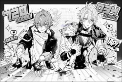 >_< 2boys 5wpt_4 antenna_hair arm_ribbon armor bishie_sparkle blush caelus_(honkai:_star_rail) cape choker closed_mouth collarbone commentary crossed_bangs emoji english_text fingerless_gloves fingernails gloves greyscale hair_between_eyes hand_up heart honkai:_star_rail honkai_(series) hood hooded_jacket index_finger_raised instrument jacket lapels long_sleeves looking_at_object looking_down male_focus monochrome multiple_boys music open_clothes open_jacket open_mouth outside_border phainon_(honkai:_star_rail) playing_instrument playing_piano puffy_long_sleeves puffy_sleeves ribbon shirt short_hair shoulder_armor simple_background single_glove smile speech_bubble spoken_heart sun_symbol t-shirt tongue tongue_out trailblazer_(honkai:_star_rail) two-sided_fabric two-sided_jacket untranslatable_commentary upper_body v-shaped_eyebrows watermark 