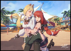  2girls absurdres alice_thymefield animal_ears arm_up beach beach_umbrella blonde_hair blue_sky blush boat boots braid braided_twintails breasts chest_bow clouds commentary_request dated day game_screenshot_background green_eyes hair_ornament heterochromia high_heel_boots high_heels highres holding holding_phone hug hug_from_behind jerryflyat leg_up long_hair looking_at_another low_twintails multiple_girls one_eye_closed open_clothes open_mouth outdoors palm_tree pantyhose phone rabbit_ears rabbit_girl red_eyes red_hair sand screenshot_background shirt signature sky smile sphere_hair_ornament teeth thigh_strap tree twin_braids twintails ukinami_yuzuha umbrella upper_teeth_only very_long_hair watercraft white_shirt yellow_eyes yuri zenless_zone_zero 