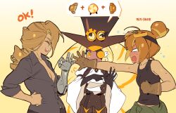  @_@ blush brown_vest cookie_run cookie_run:_ovenbreak croissant_cookie croissant_cookie_(director_of_the_tbd) curly_sidelocks drill_hair drill_ponytail eyepatch full-face_blush gloves hat highres long_hair math mechanical_hands ohta_guk_hip ok_sign ouji_fashion pants partially_unbuttoned pinstripe_pants pinstripe_pattern scar scar_on_cheek scar_on_face selfcest shirt simple_background single_mechanical_hand speech_bubble sweatdrop timekeeper_cookie top_hat vest white_eyes wrinkled_skin yuri 