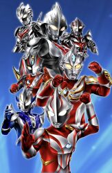  5boys alien arm_guards arm_up armor blue_background blue_gem blue_skin chest_guard clenched_hands color_timer colored_skin commentary compound_eyes cropped_torso dorsal_fin fighting_stance forehead_jewel form_change full_armor gem giant giant_male glowing glowing_eyes gold_trim grey_skin hands_up hanejidyna86 highres in-franchise_crossover knight_brace looking_ahead male_focus max_spark mebius_brace multicolored_skin multiple_boys no_pupils open_hand pectorals pointy_ears red_skin shoulder_armor silver_skin studs tokusatsu toned toned_male two-tone_skin ultra_series ultraman_hikari ultraman_max ultraman_max_(series) ultraman_mebius ultraman_mebius_(series) ultraman_nexus ultraman_nexus_(series) ultraman_nexus_anphans ultraman_noa ultraman_the_next ultraman_the_next_junis ultraman_xenon upper_body white_eyes wings wrinkled_skin wrist_blades yellow_eyes 