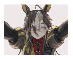  :d animal_ear_piercing animal_ears blue_eyes blush blush_stickers character_pov colored_inner_animal_ears commentary dream_journey_(reminder_of_dreamland)_(umamusume) dream_journey_(umamusume) ear_ornament eyewear_strap glasses gloves grey_hair hair_between_eyes highres horse_ears horse_girl jacket leather_body_harness multicolored_hair multicolored_jacket red_shirt shirt silver_chain smile songdu streaked_hair tinted_eyewear twitter_username umamusume untranslatable_commentary white_hair white_streaks yellow-tinted_eyewear 