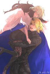  1boy 1girl armor ass belt black_armor black_belt black_boots black_skirt blonde_hair blue_cape boots breastplate cape carrying carrying_person closed_eyes commentary_request dated dimitri_alexandre_blaiddyd dimitri_alexandre_blaiddyd_(timeskip) eyepatch faulds female_byleth_(awakened)_(fire_emblem) female_byleth_(fire_emblem) fire_emblem fire_emblem:_three_houses fur-trimmed_cape fur_trim gauntlets green_hair hair_behind_ear hetero highres lace lace_pantyhose looking_at_another looking_down one_eye_covered open_mouth pantyhose rimo67200894 short_hair simple_background skirt smile white_background white_fur 