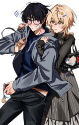  1boy 1girl absurdres alternate_body_size alternate_costume arm_at_side bag bandaid bandaid_on_finger bandaid_on_hand behind_another bespectacled black-framed_eyewear black_bag black_hair black_pants black_shirt black_sleeves blonde_hair blue_feathers blue_nails blue_shirt blunt_ends blush bracelet casual cellphone character_print cheek_poking clenched_hand contemporary couple cross-eyed dintoge drawstring dress eyelashes feathers flying_sweatdrops frilled_dress frills gauze gauze_on_cheek gauze_on_face genshin_impact glasses grabbing_from_behind grey_dress grey_jacket hair_between_eyes hair_intakes hair_ornament handbag hands_up heart heart_hair_ornament hetero highres holding holding_phone hug hug_from_behind index_finger_raised jacket jewelry long_sleeves lower_teeth_only lumine_(genshin_impact) middle_ring midriff_peek open_clothes open_jacket open_mouth pants parted_lips phone pinky_ring poking pom_pom_(clothes) revision scaramouche_(cat)_(genshin_impact) scaramouche_(genshin_impact) shirt short_hair short_hair_with_long_locks sidelocks smartphone striped_clothes striped_dress stuffed_animal stuffed_toy sweatdrop tareme teeth tsurime turtleneck turtleneck_shirt undershirt upper_body violet_eyes white_background white_mouth wispy_bangs x_hair_ornament yellow_eyes yellow_feathers 