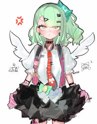  3girls absurdres anger_vein aria_(zenless_zone_zero) arm_warmers bag bandaid bandaid_hair_ornament black_skirt blush closed_mouth collar commentary_request cowboy_shot earrings green_eyes green_hair hair_ornament heart heart_hair_ornament highres jewelry looking_at_viewer multiple_girls multiple_hair_clips musical_note_earrings nangong_yu necktie pink_arm_warmers pink_bag pof_h0 ponytail red_necktie shirt simple_background skirt solo_focus striped_arm_warmers sunna_(zenless_zone_zero) twitter_username white_background white_shirt white_wings winged_bag wings zenless_zone_zero 