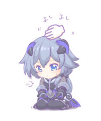  1girl armored_bodysuit black_bodysuit black_hair blue_eyes bodysuit chibi closed_mouth commentary_request fu_hua fu_hua_(shadow_knight) full_body headpat honkai_(series) honkai_impact_3rd long_hair mon_momu ponytail seiza shadow simple_background sitting solo white_background 