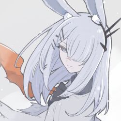  1girl animal_ear_fluff animal_ears arknights black_gloves bright_pupils chiyo408 closed_mouth commentary_request frostnova_(arknights) gloves grey_eyes grey_hair hair_ornament hair_over_one_eye hairclip hand_on_own_shoulder jewelry long_hair looking_at_viewer multiple_hair_clips one_eye_covered partial_commentary portrait ring scar scar_on_face scar_on_nose smile snowing solo white_pupils 