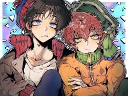  2boys beanie black_hair blue_eyes brown_coat coat colorful_background crossed_arms green_eyes grimace halloween_(owo) hat highres kyle_broflovski looking_up messy_hair multiple_boys nail_polish orange_coat orange_hair pom_pom_(clothes) pom_pom_beanie short_hair south_park stan_marsh upper_body ushanka 