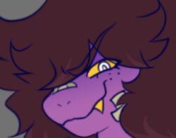  1girl 2025 2d anthro bandaid bandaid_on_face bolttheman close-up colored_sclera colored_skin colored_teeth commentary cropped deltarune digital_media english_commentary fangs female female_only freckles grey_background lizard lizard_girl long_hair looking_at_viewer lowres monster monster_girl purple_hair purple_skin reptile reptile_girl scalie sharp_teeth simple_background solo susie_(deltarune) teeth unfinished utdr_(toby_fox) yellow_sclera yellow_teeth 