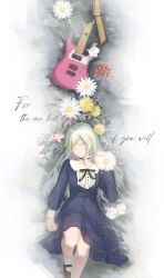  1girl absurdres bad_link bang_dream! bang_dream!_it's_mygo!!!!! blue_dress broken_guitar chinese_commentary choker chrysanthemum closed_eyes closed_mouth commentary_request cymbidium dress ehey electric_guitar extended_range_guitar flower frilled_choker frills green_hair guitar highres instrument knee_up long_hair lying making-of_available mary_janes on_back phalaenopsis pink_flower procreate_(medium) red_flower shoes socks solo spider_lily wakaba_mutsumi white_flower white_socks yellow_flower 
