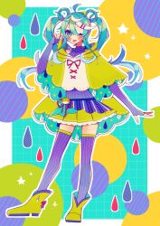  1girl ahoge aqua_eyes aqua_hair aqua_skirt blue_skirt blush boots capelet clothes_grab colorful_background commentary_request elbow_gloves fingerless_gloves full_body gloves green_boots green_capelet green_skirt green_streaks gyarinrin358 hair_between_eyes hair_ornament hair_rings hairclip hatsune_miku highres hood hood_down hood_grab miniskirt multicolored_hair multicolored_skirt outline pleated_skirt polka_dot polka_dot_shirt purple_gloves purple_shirt purple_thighhighs rainwear_hatsune_miku_design_contest shirt skirt sleeveless sleeveless_shirt smile solo standing star_(symbol) streaked_hair striped_clothes striped_gloves striped_thighhighs thigh-highs tongue tongue_out turtleneck twintails two-sided_capelet vertical-striped_clothes vertical-striped_gloves vertical-striped_thighhighs vocaloid water_drop_print white_outline white_streaks 