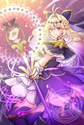  1girl antenna_hair black_bow black_dress black_necktie blonde_hair bow braid brooch commentary_request cure_arcana_shadow dress earrings gloves gradient_hair hair_between_eyes hair_intakes hair_ornament half_up_braid heart heart_brooch holding holding_rod jewelry long_hair looking_at_viewer magical_girl meitantei_precure! moria_luluka multicolored_hair necktie parted_lips pink_eyes pink_hair precure purple_nails purple_veil rod see-through_clothes see-through_veil solo tear_arcana_rod upper_body veil waka_(negronoir) wand watermark white_gloves 