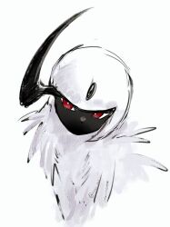  absol commentary_request cropped_torso highres horns looking_to_the_side no_humans pokemon pokemon_(creature) pokemon_focus red_eyes ringo_1046 sideways_glance simple_background single_horn white_background white_fur 