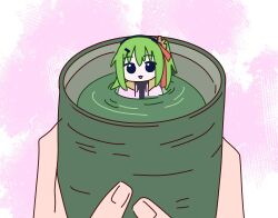  1girl chahakobi_meguri commentary cup food gear_hair_ornament green_hair green_tea hair_ornament highres holding holding_cup in_container in_cup in_food looking_at_viewer mameshiba_(series) medium_hair mini_person minigirl one_side_up open_mouth original partially_submerged pov pov_hands tea yunomi yuyu_no_suke 