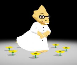  1girl 2016 3d aleu20 alphys animal_nose anthro barefoot black_background blender_(medium) buck_teeth coat colored_skin commentary digital_media dinosaur dinosaur_girl english_commentary eyelashes female female_only flower full_body glasses lab_coat lizard lizard_girl lizard_tail long_sleeves looking_at_viewer monster monster_girl orange_eyes own_hands_together plant reptile reptile_girl reptile_tail scalie shadow simple_background solo standing tail teeth undertale utdr_(toby_fox) white_coat yellow_flower yellow_skin 