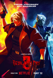  black_gloves blue_bodysuit blue_eyes bodysuit coat dante_(devil_may_cry) devil_may_cry_(netflix) devil_may_cry_(series) ebony_&amp;_ivory english_text fingerless_gloves gloves gun highres holding holding_gun holding_weapon jacket logo male_focus official_art poster_(medium) propaganda red_coat short_hair title vergil_(devil_may_cry) weapon white_hair yamato_(sword) 