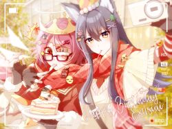  2girls ^^^ animal_ear_fluff animal_ears arknights arm_around_shoulder artist_name battery_indicator bespectacled black_eyes black_gloves cable_knit cake cake_slice camera character_name chinese_commentary commentary_request cream digital_camera emoji exusiai_(arknights) fingerless_gloves food food_in_mouth fork glasses gloves hair_between_eyes hair_ornament hairclip happy_birthday hat heads_together highres holding holding_camera holding_fork holding_plate light_particles long_sleeves multiple_girls multiple_hair_clips party_hat pink_hair plaid_clothes plaid_scarf plate recording rectangular_eyewear red-framed_eyewear red_eyes red_hat red_scarf scarf selfie shadow71580825 shared_clothes shared_scarf short_hair star_(symbol) sweater taking_picture texas_(arknights) upper_body viewfinder watermark white_sweater wolf_ears wolf_girl x_hair_ornament yellow_eyes yellow_hat 
