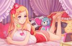  bare_shoulders barefoot bear bed blonde_hair blue_eyes blush bow cellphone feet hair_ornament hairclip hands harupy heart heart-shaped_pupils lingerie long_hair lying off_shoulder on_stomach original panties phone pillow ribbon shimapan smile solo striped striped_panties stuffed_animal stuffed_toy symbol-shaped_pupils tank_top underwear 