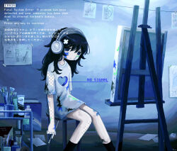  1girl absurdres black_eyes black_hair black_socks blue_theme canvas_(object) cart closed_mouth commentary crossed_bangs dress english_commentary expressionless fake_transparency headphones heart-shaped_hole highres hiyoponyo long_hair original pages paint_on_body paint_on_clothes paint_tube paintbrush short_dress short_sleeves sitting socks solo weirdcore white_dress 