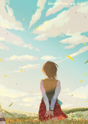  1girl absurdres aoi_erika arms_behind_back bracelet brown_hair clouds cloudy_sky falling_leaves field flower_bracelet from_behind grey_vest heaven_burns_red highres jewelry leaf shirt sky vest wbon white_shirt 