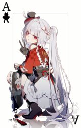  1girl absurdres back black_boots black_gloves black_hat black_sash boots braid clothing_cutout collar cy_fei from_behind gloves grey_hair hat hat_ornament high_heel_boots high_heels highres honkai:_star_rail honkai_(series) long_hair long_sleeves looking_at_viewer looking_back poker rabbit_hat_ornament red_collar red_sleeves reflection sash shoulder_cutout skirt solo sparkle_(honkai:_star_rail) sparxie_(honkai:_star_rail) squatting twintails v white_hair white_skirt wide_sleeves 