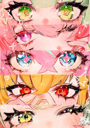  +_+ 4girls @_@ aria_(zenless_zone_zero) blue_eyes blunt_bangs blush cissia_(zenless_zone_zero) close-up commentary_request diamond-shaped_pupils diamond_(shape) eyelashes green_eyes hair_between_eyes highres multiple_girls one_eye_closed pof_h0 red_eyes remielle_dan sunna_(zenless_zone_zero) symbol-shaped_pupils violet_eyes zenless_zone_zero 