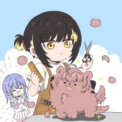  2girls :/ ^_^ antenna_hair apron artisansg_lily black_hair blonde_streaks blue_hair brown_apron closed_eyes cometik_(idolmaster) commentary_request dog fang hair_brush highres holding holding_hair_brush holding_scissors idolmaster idolmaster_shiny_colors ikaruga_luca ikuta_haruki looking_at_animal multicolored_hair multiple_girls own_hands_together pink_dog ponytail purple_shirt scissors shirt short_ponytail sidelocks skirt solid_circle_eyes streaked_hair suzuki_hana sweater_vest t-shirt tail tail_wagging white_shirt white_skirt white_sweater_vest 