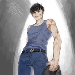  1boy belt black_belt black_hair blood blood_on_arm blood_on_clothes blood_on_face blue_pants bruise holding holding_unworn_clothes holding_unworn_jacket injury io_(sinking=carousel) jacket looking_at_viewer male_focus matsuno_karamatsu nosebleed open_mouth osomatsu-san osomatsu_(series) pants short_hair simple_background skull_belt solo translation_request unworn_jacket 