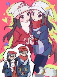 2boys 2girls 7wszt akari_(pokemon) blush grey_jacket hat headscarf highres hikari_(pokemon) jacket lucas_(pokemon) multiple_boys multiple_girls pokemon pokemon_brilliant_diamond_and_shining_pearl pokemon_diamond/pearl/platinum pokemon_legends:_arceus pokemon_platinum red_hat red_scarf rei_(pokemon) scarf white_headscarf 
