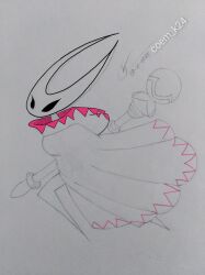  1girl absurdres arthropod_girl black_eyes black_sclera blank_eyes cloak coem_k24 colored_sclera cosplay creative_signature exoskeleton final_fantasy final_fantasy_ix from_side garnet_til_alexandros_xvii graphite_(medium) highres holding holding_staff hollow_knight hollow_knight:_silksong hood hooded_cloak hornet_(hollow_knight) horns lineart mage_staff mask mixed_media photo_(medium) red_cloak running signature sketch staff traditional_media twitter_username two-tone_cloak variant_set white_background white_cloak white_mage_(final_fantasy) white_mage_(final_fantasy)_(cosplay) 