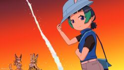  1boy 2girls ^_^ animal_ear_fluff animal_ears arm_up bag bare_shoulders belt black_hair black_shirt blonde_hair blue_eyes blue_shirt blue_vest bow bowtie brown_hair bucket_hat caracal_(kemono_friends) cat_girl cat_tail closed_eyes closed_mouth crossed_arms ears_through_headwear elbow_gloves extra_ears gloves gradient_sky green_eyes green_hair hakasecretgash hand_on_headwear hand_up hat hat_feather high-waist_skirt highres kemono_friends kemono_friends_2 kyururu_(kemono_friends) looking_at_viewer low_ponytail multicolored_hair multiple_girls open_mouth orange_bow orange_bowtie orange_hair orange_sky outdoors ponytail print_bow print_bowtie print_gloves print_skirt serval_(kemono_friends) shirt short_hair short_ponytail short_sleeves shorts shoulder_bag skirt sky sleeveless sleeveless_shirt smile tail traditional_bowtie twitter_username two-tone_hair vest violet_eyes yellow_bow yellow_bowtie 