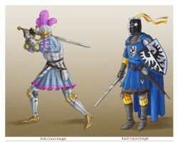  2boys armet armor axe bascinet brown_background cape chainmail covered_face dragon_symbol feathered_helmet feathers full_body gradient_background greaves hammer helmet highres hounskull knee_armor lego_castle medieval multiple_boys realistic sabaton sallet shield simple_background sword the_lego_group weapon wide_sleeves 