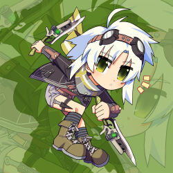  1girl :o ahoge ankle_boots black_jacket black_socks boots chibi commentary curtained_hair denim denim_shorts dual_wielding eiyuu_densetsu english_commentary fie_claussell floating_clothes floating_jacket floating_scarf full_body goggles goggles_on_head green_boots green_eyes grey_shorts gunblade holding holding_weapon jacket long_sleeves notice_lines open_clothes open_jacket parted_bangs parted_lips scarf see-through_silhouette sen_no_kiseki_(series) sen_no_kiseki_ii short_hair shorts silhouette socks solo weapon white_hair zephyrrr_25 
