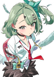  1girl absurdres backpack bag bandaid bandaid_hair_ornament black_choker blush bow breasts choker closed_mouth collarbone collared_shirt commentary cowboy_shot feathers fur-trimmed_skirt fur_trim green_bow green_eyes green_hair hair_ornament hairclip highres looking_at_viewer loose_necktie medium_hair multiple_hair_clips necktie pink_bag polka_dot red_necktie school_uniform shirt short_sleeves simple_background skirt small_breasts solo sunna_(zenless_zone_zero) takkun_(takkun20) white_background white_shirt winged_bag wings zenless_zone_zero 