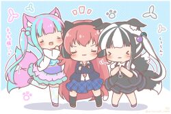  >_< 3girls :3 :d =_= afterimage animal_ear_fluff animal_ear_headphones animal_ears bang_dream! black_dress black_hair black_jacket black_socks blue_hair blue_skirt blue_thighhighs blush brown_shoes cat_tail character_request chibi closed_eyes closed_mouth collared_shirt commentary_request crossed_arms diagonal-striped_clothes diagonal-striped_necktie dress dress_shirt fake_animal_ears hair_bobbles hair_ornament headphones jacket kemonomimi_mode layered_dress mitarashi_neko multicolored_hair multiple_girls necktie nyubara_reona outline pink_hair pink_skirt plaid_clothes plaid_skirt pleated_skirt puffy_short_sleeves puffy_sleeves purple_shoes red_eyes shadow shirt shoes short_sleeves skirt smile socks standing standing_on_one_leg striped_clothes tail tail_wagging tamade_chiyu thigh-highs translation_request twintails two-tone_hair v-shaped_eyebrows white_hair white_jacket white_outline white_shirt 