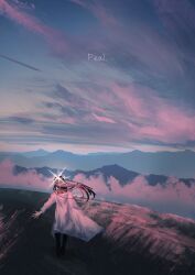  1girl absurdres baseball_cap black_hair blue_archive cloak commentary floating_hair glowing glowing_halo halo hat highres kani_etizen03 long_hair mountain saori_(blue_archive) scenery sky solo standing untranslatable_commentary white_cloak 