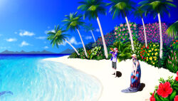  2boys absurdres anthurium beach bendan-daizi black_hair black_shorts blue_robe blue_sky calla_lily clouds commentary_request fate/zero fate_(series) flower flower_necklace full_body gilles_de_rais_(caster)_(fate) gilles_de_rais_(fate) hat heliconia hibiscus highres jacket lei multiple_boys outdoors palm_tree pink_flower purple_jacket red_flower robe shadow shore shorts sky straw_hat summer tree tropical uryuu_ryuunosuke white_lily wide_shot yellow_flower 