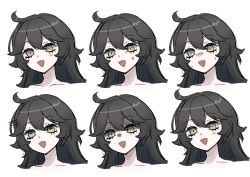  1girl absurdres ahoge anger_vein black_hair blank_eyes blush grimmi_(vtuber) hair_between_eyes highres indie_virtual_youtuber long_hair mat_(matdesenheiro) multiple_expressions nervous_sweating open_mouth pale_skin ringed_eyes smile sweat virtual_youtuber white_background yellow_eyes 