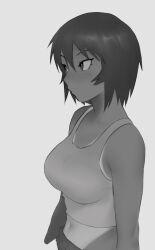  1girl absurdres arms_at_sides azumanga_daioh bare_shoulders blush breasts closed_mouth commentary crop_top cropped_arms dark-skinned_female dark_skin english_commentary eyelashes from_side greyscale hair_between_eyes highres kagura_(azumanga_daioh) large_breasts light_blush looking_afar looking_ahead meruzis monochrome navel one-piece_tan pants pursed_lips short_hair simple_background solo tan tank_top tanlines tomboy white_background 