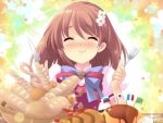  :t ahoge blush brown_hair eating flyable_heart food french_flag game_cg highres inaba_yui itou_noiji japanese_flag knife libyan_flag noizi_ito russian_flag seifuku solo tears unisonshift 