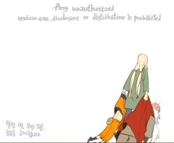  1girl 2boys assertive_female blonde_hair carrying carrying_person commentary_request deogbab flak_jacket jacket japanese_clothes jiraiya_(naruto) korean_commentary lowres multiple_boys naruto_(classic) naruto_(series) tsunade_(naruto) uzumaki_naruto white_hair 