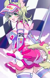  1girl ahoge animal_ears ashton_marten_(vtuber) belt breasts checkered_flag cheese_print chinchilla_ears chinchilla_girl chinchilla_tail commentary elbow_gloves flag food_print gloves green_eyes green_hair highres indie_virtual_youtuber leotard looking_at_viewer open_mouth purple_leotard race_flag racequeen see-through_clothes see-through_headwear see-through_skirt short_hair skirt small_breasts solo thick_thighs thigh-highs thighs uguubear virtual_youtuber visor_cap wings 