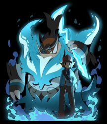  1boy backwards_hat baseball_cap blue_fire blue_jacket boar emboar fire flaming_weapon hat highres hilbert_(pokemon) jacket mega_emboar mega_pokemon poke_ball_print pokemon pokemon_(creature) pokemon_black_and_white pokemon_legends:_z-a psaber97 pyrokinesis tusks weapon zipper_pull_tab 