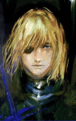  1boy armor bags_under_eyes black_armor black_background blonde_hair blue_eyes breastplate closed_mouth commentary_request dimitri_alexandre_blaiddyd dimitri_alexandre_blaiddyd_(timeskip) eyepatch fire_emblem fire_emblem:_three_houses lno408 male_focus medium_hair one_eye_covered portrait solo 
